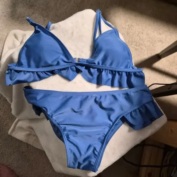 Bikini Bundle (2 Sets) CUPSHE Teal Striped Bikini & Unknown Blue Ruffle - Small - Picture 5 of 10